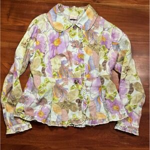 CLICK By Color Me Cotton Womens Linen Button Up Floral Ruffle Shirt Sz M